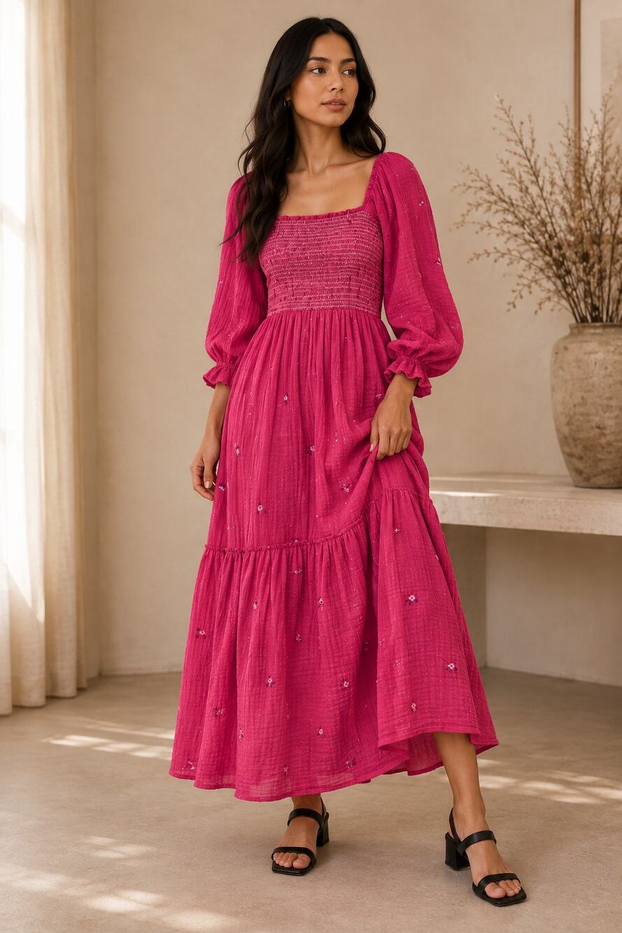 Boho Fuchsia Embroidered Smocked Maxi Dress with Puff Sleeves